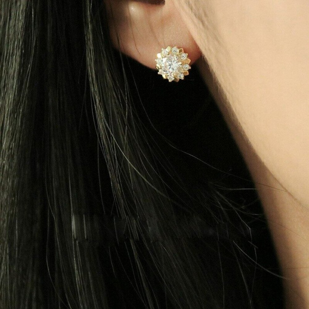 18K Yellow Gold Plated Flower White Diamond Zircon Stud Earrings Party Gift - Picture 6 of 6